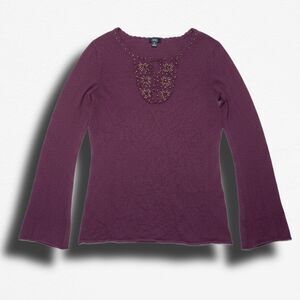 Vintage 90s MOSSIMO Plum Purple Flare Sleeve Top Beaded Details